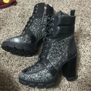 MICHAEL Michael Kors Black and Silver Glitter Combat Boots
